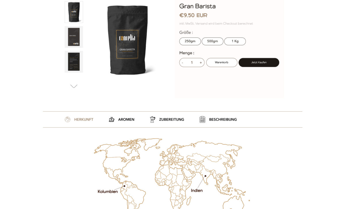 Concelia Coffee – Produktdetail mit Gewichtsauswahl
