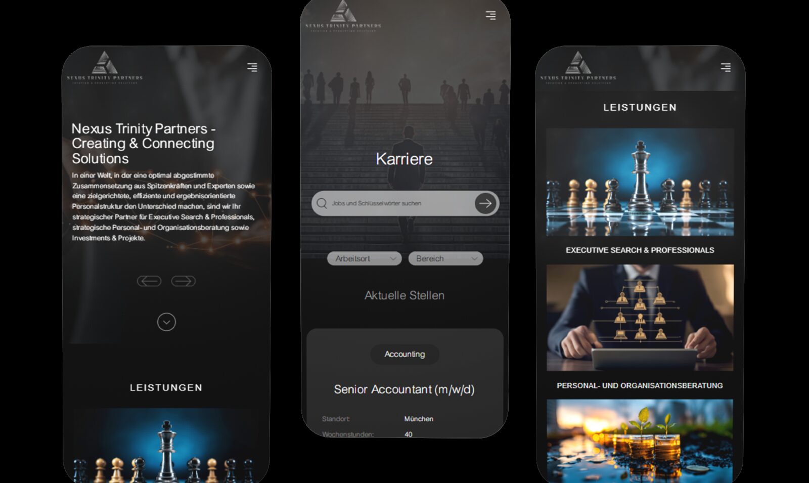 Nexus Trinity Partners – Karriereseite auf drei Smartphones