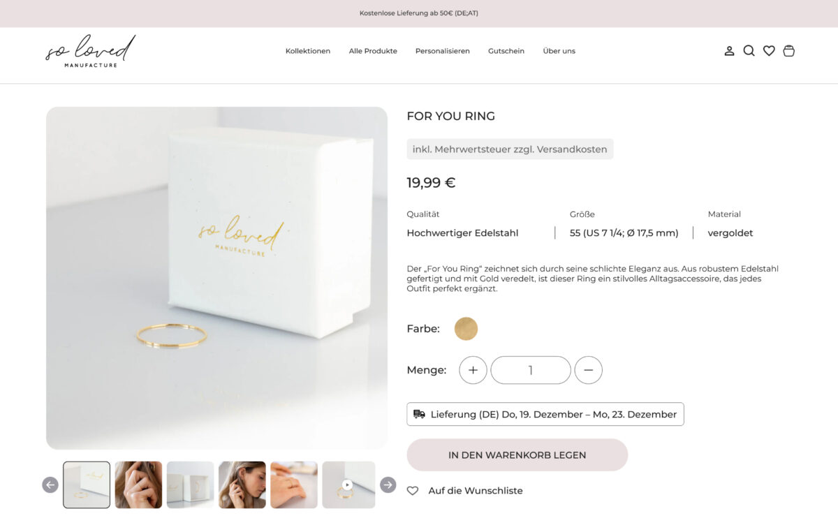 So Loved Manufacture – Produktseite mit Gravur